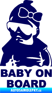 Samolepka Baby on board 001 levá s textem miminko s brýlemi a s mašlí tmavě modrá