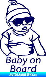 Samolepka Baby on board 003 pravá s textem miminko s brýlemi tmavě modrá