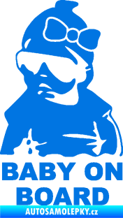 Samolepka Baby on board 001 levá s textem miminko s brýlemi a s mašlí modrá oceán