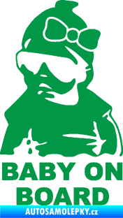 Samolepka Baby on board 001 levá s textem miminko s brýlemi a s mašlí zelená