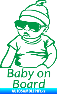Samolepka Baby on board 003 levá s textem miminko s brýlemi zelená