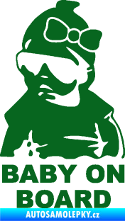 Samolepka Baby on board 001 levá s textem miminko s brýlemi a s mašlí tmavě zelená