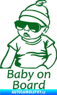 Samolepka Baby on board 003 levá s textem miminko s brýlemi tmavě zelená