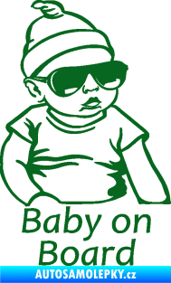 Samolepka Baby on board 003 pravá s textem miminko s brýlemi tmavě zelená