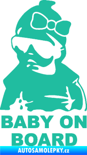 Samolepka Baby on board 001 levá s textem miminko s brýlemi a s mašlí tyrkysová