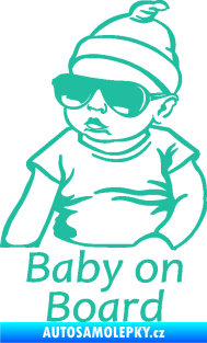 Samolepka Baby on board 003 levá s textem miminko s brýlemi tyrkysová