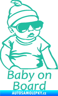 Samolepka Baby on board 003 pravá s textem miminko s brýlemi tyrkysová