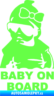 Samolepka Baby on board 001 levá s textem miminko s brýlemi a s mašlí Fluorescentní zelená