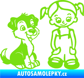 Samolepka Dítě v autě 099 pravá holčička a pes zelená kawasaki
