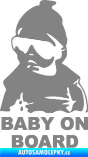 Samolepka Baby on board 002 levá s textem miminko s brýlemi šedá