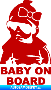 Samolepka Baby on board 001 levá s textem miminko s brýlemi a s mašlí tmavě červená