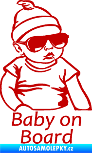 Samolepka Baby on board 003 pravá s textem miminko s brýlemi tmavě červená