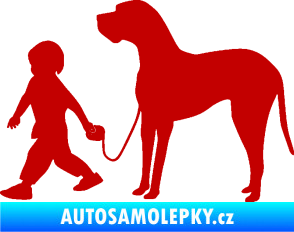 Samolepka Chlapec venčí psa levá tmavě červená