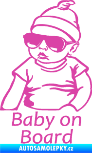 Samolepka Baby on board 003 levá s textem miminko s brýlemi růžová