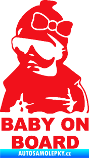 Samolepka Baby on board 001 levá s textem miminko s brýlemi a s mašlí červená