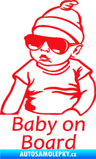 Samolepka Baby on board 003 levá s textem miminko s brýlemi červená