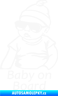 Samolepka Baby on board 003 levá s textem miminko s brýlemi bílá