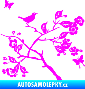 Samolepka Interiér 005 pravá  větvička s ptáčkem a motýlky Fluorescentní růžová