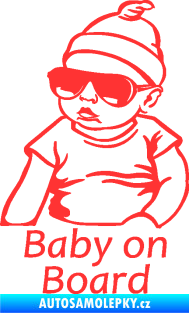 Samolepka Baby on board 003 levá s textem miminko s brýlemi světle červená
