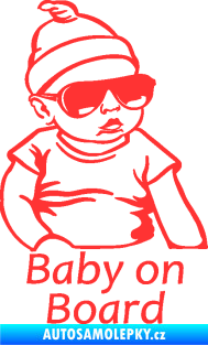 Samolepka Baby on board 003 pravá s textem miminko s brýlemi světle červená