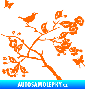 Samolepka Interiér 005 pravá  větvička s ptáčkem a motýlky Fluorescentní oranžová