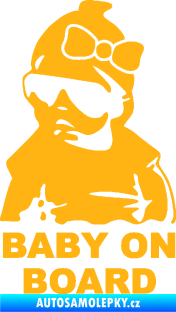Samolepka Baby on board 001 levá s textem miminko s brýlemi a s mašlí světle oranžová