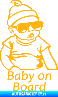 Samolepka Baby on board 003 pravá s textem miminko s brýlemi světle oranžová