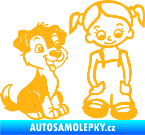 Samolepka Dítě v autě 099 pravá holčička a pes světle oranžová