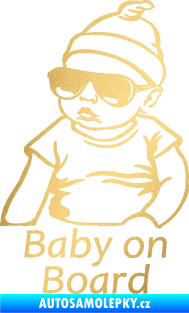Samolepka Baby on board 003 levá s textem miminko s brýlemi zlatá metalíza