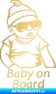 Samolepka Baby on board 003 pravá s textem miminko s brýlemi zlatá metalíza
