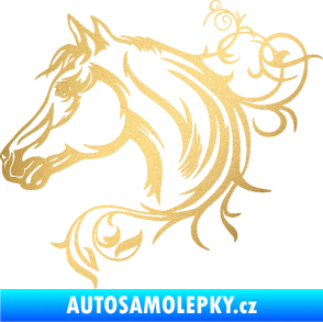 Samolepka Kůň 061 levá hlava s květinou zlatá metalíza