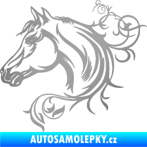 Samolepka Kůň 061 levá hlava s květinou stříbrná metalíza