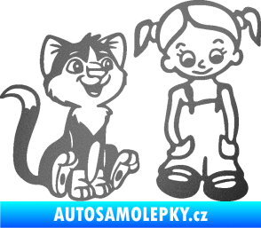 Samolepka Dítě v autě 098 pravá holčička a kočka grafitová metalíza