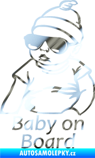 Samolepka Baby on board 003 levá s textem miminko s brýlemi chrom fólie stříbrná zrcadlová