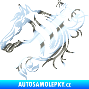 Samolepka Kůň 061 levá hlava s květinou chrom fólie stříbrná zrcadlová
