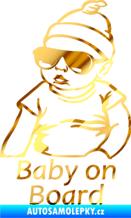Samolepka Baby on board 003 levá s textem miminko s brýlemi chrom fólie zlatá zrcadlová