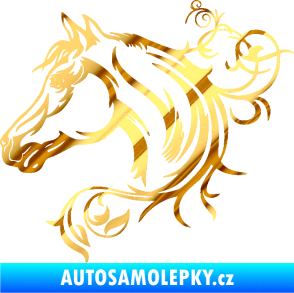 Samolepka Kůň 061 levá hlava s květinou chrom fólie zlatá zrcadlová