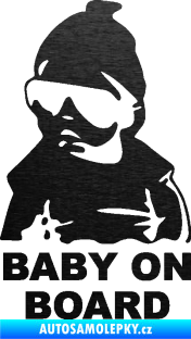 Samolepka Baby on board 002 levá s textem miminko s brýlemi škrábaný kov černý