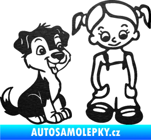 Samolepka Dítě v autě 099 pravá holčička a pes škrábaný kov černý