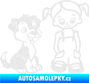 Samolepka Dítě v autě 099 pravá holčička a pes Ultra Metalic bílá