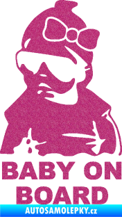 Samolepka Baby on board 001 levá s textem miminko s brýlemi a s mašlí Ultra Metalic růžová