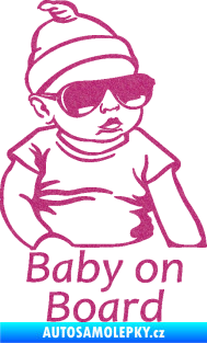 Samolepka Baby on board 003 pravá s textem miminko s brýlemi Ultra Metalic růžová