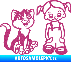Samolepka Dítě v autě 098 pravá holčička a kočka Ultra Metalic růžová