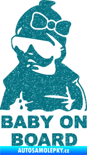 Samolepka Baby on board 001 levá s textem miminko s brýlemi a s mašlí Ultra Metalic tyrkysová