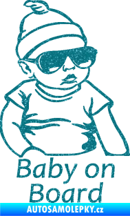 Samolepka Baby on board 003 pravá s textem miminko s brýlemi Ultra Metalic tyrkysová