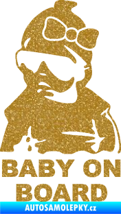 Samolepka Baby on board 001 levá s textem miminko s brýlemi a s mašlí Ultra Metalic zlatá