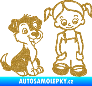 Samolepka Dítě v autě 099 pravá holčička a pes Ultra Metalic zlatá