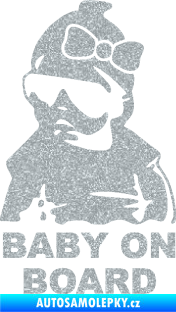 Samolepka Baby on board 001 levá s textem miminko s brýlemi a s mašlí Ultra Metalic stříbrná metalíza