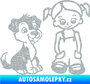 Samolepka Dítě v autě 099 pravá holčička a pes Ultra Metalic stříbrná metalíza