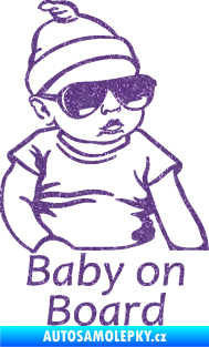 Samolepka Baby on board 003 pravá s textem miminko s brýlemi Ultra Metalic fialová